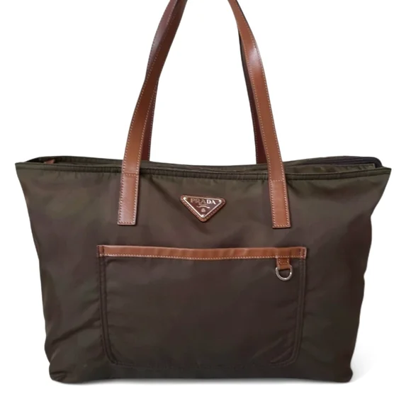 PRADA Vela Saffiano Leather Tessuto Tote Zip Green Enamel Triangle Logo Tan Bag